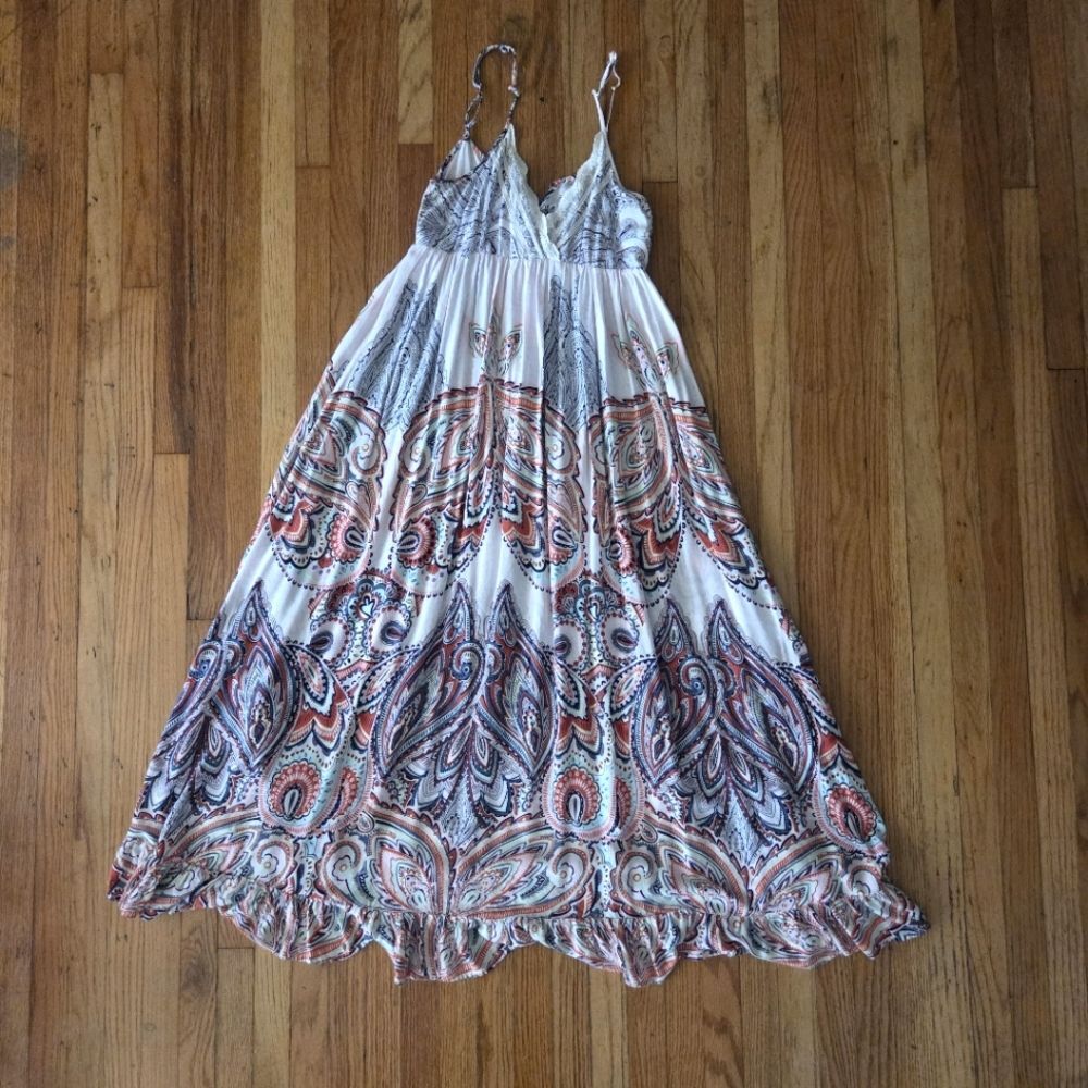 Y2K Boho Paisley Maxi Dress Lace Trim Adjustable Straps Fairycore Viscose Large